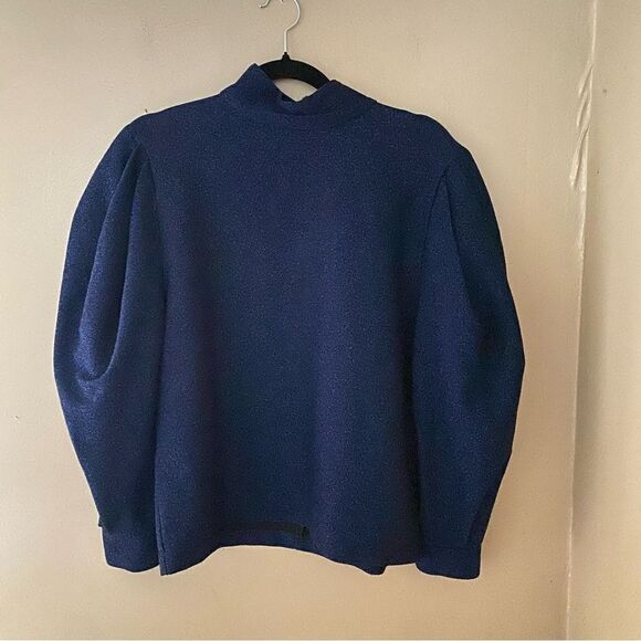 PatBo mock neck sweater sparkly lurex navy turtleneck knit top blouson sleeve M - Picture 7 of 10